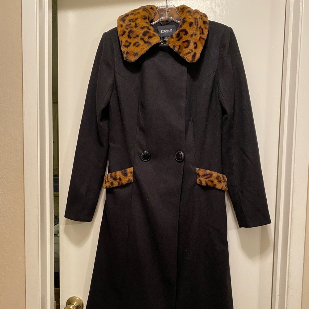 NWT Collectif Annasofia black coat with faux fur trim Size small (10 UK)